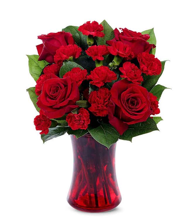 Red roses and red carnations in a red vase