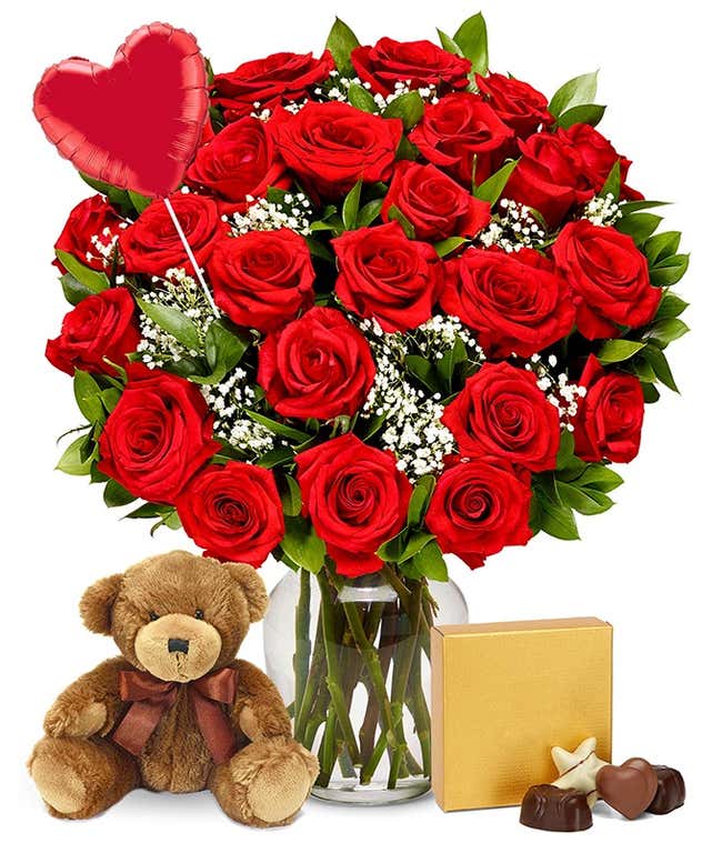 Two Dozen Red Roses + Heart Eye Emoji Balloon + Chocolate + Bear